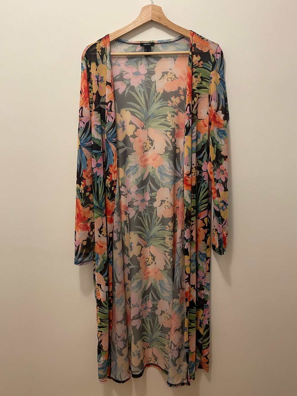 Forever 21 Black Multi Floral Sheer Long Kimono Cardigan